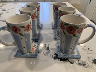 Handpainted Rose Striped Mugs And Coasters (6) 