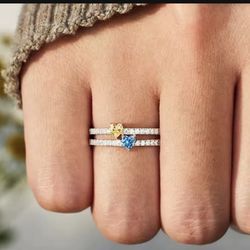 New— Huian Exquisite Yellow/Blue Heart CZ Women Rings SIZE:8