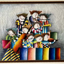 Signed J Roybal Whimsical Children Orchestra Musicians Oil Painting on Canvas, 31-1/2"x27-1/2"