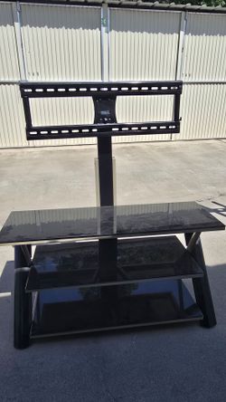 Black TV Stand with Swivel TV Mount – Glass Shelves Entertainment Center