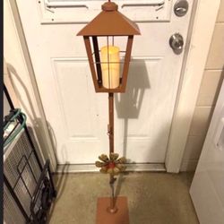 Garden Indoor Outdoor Metal Pole Lamp With Brand New Battery Operated Candle And Little Flower, Wind Chime