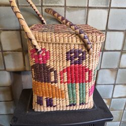 Vintage Folk art 13" TALL x 10" wide Wicker straw Mexican BASKET primitive! 