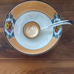 Vintage Noritake Hand Painted Porcelain Footed Bowl & ladle 