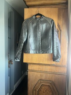 Anne Klein Brown Leather Jacket with Orange Stitching