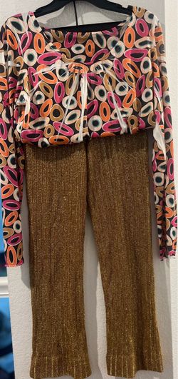 Halloween Costume 70s Disco – Gold Metallic Flare Pants & Retro Top – Size 9