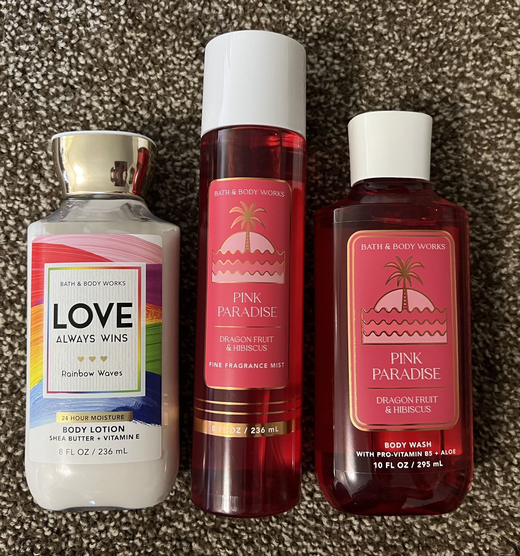 Bath & Body Works Gift Set β PINK PARADISE Body Wash, PINK PARADISE Fine Fragrance Body Mist + LOVE ALWAYS WINS RAINBOW WAVES Body Lotion π (3 Full-