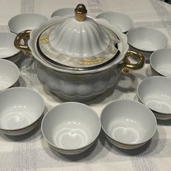 Beautiful Large Gold And Gray Porcelain  Soup Lidded  Tureen With 11 Bowls
