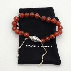 David Yurman Sterling Silver 8mm Carnelian Spiritual Bead Beaded Pull Bracelet