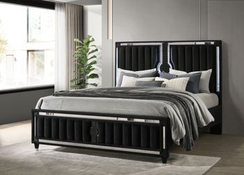 Ravenne Black Velvet Upholstered California King LED Panel Bed