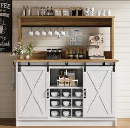 47" Farmhouse Coffee Bar Cabinet with Storage Hutch, White
Coffee Bar Station with Sliding Barn Door, 6 Hooks and Adjustable Shelves for Kitchen, Dini