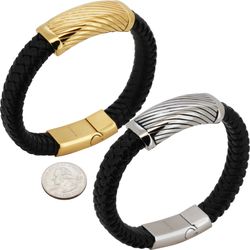 316L Stainless Steel 18k Yellow Gold Plated 16mm Stripe Leather Bracelet 8.5”