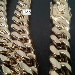 New 18k Yellow Gold Cuban Link Chain And Bracelet 