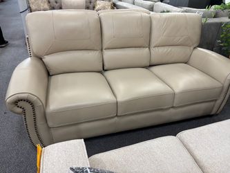 Tan Leather 3-Seat Sofa and loveseat with Nailhead Trim