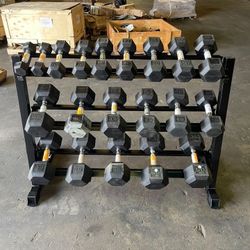 As-is/Open Box - CAP Rubber Hex Dumbbell 5 - 50 Set with 3 Tier Rack