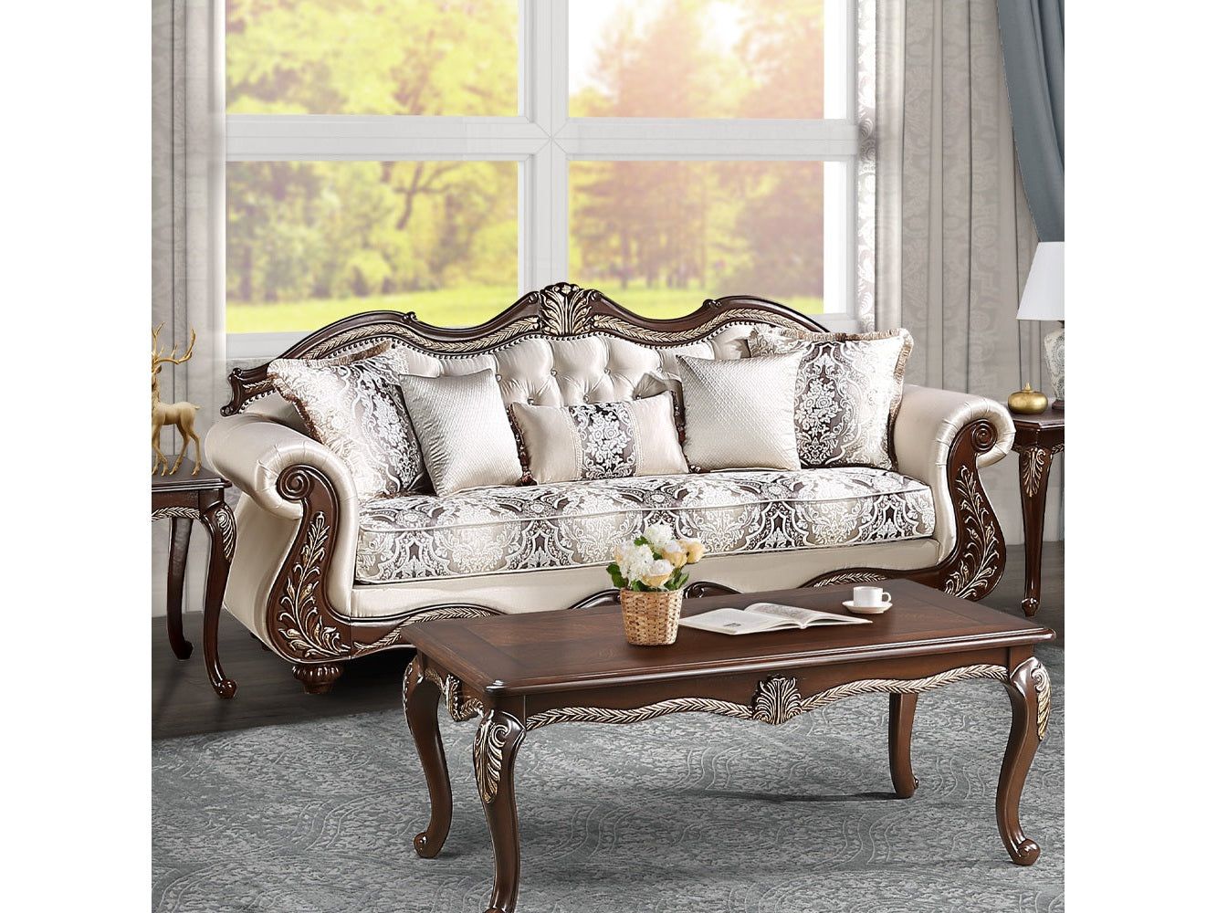 Pierce Beige & Cherry Sofa W/5 Pillows
