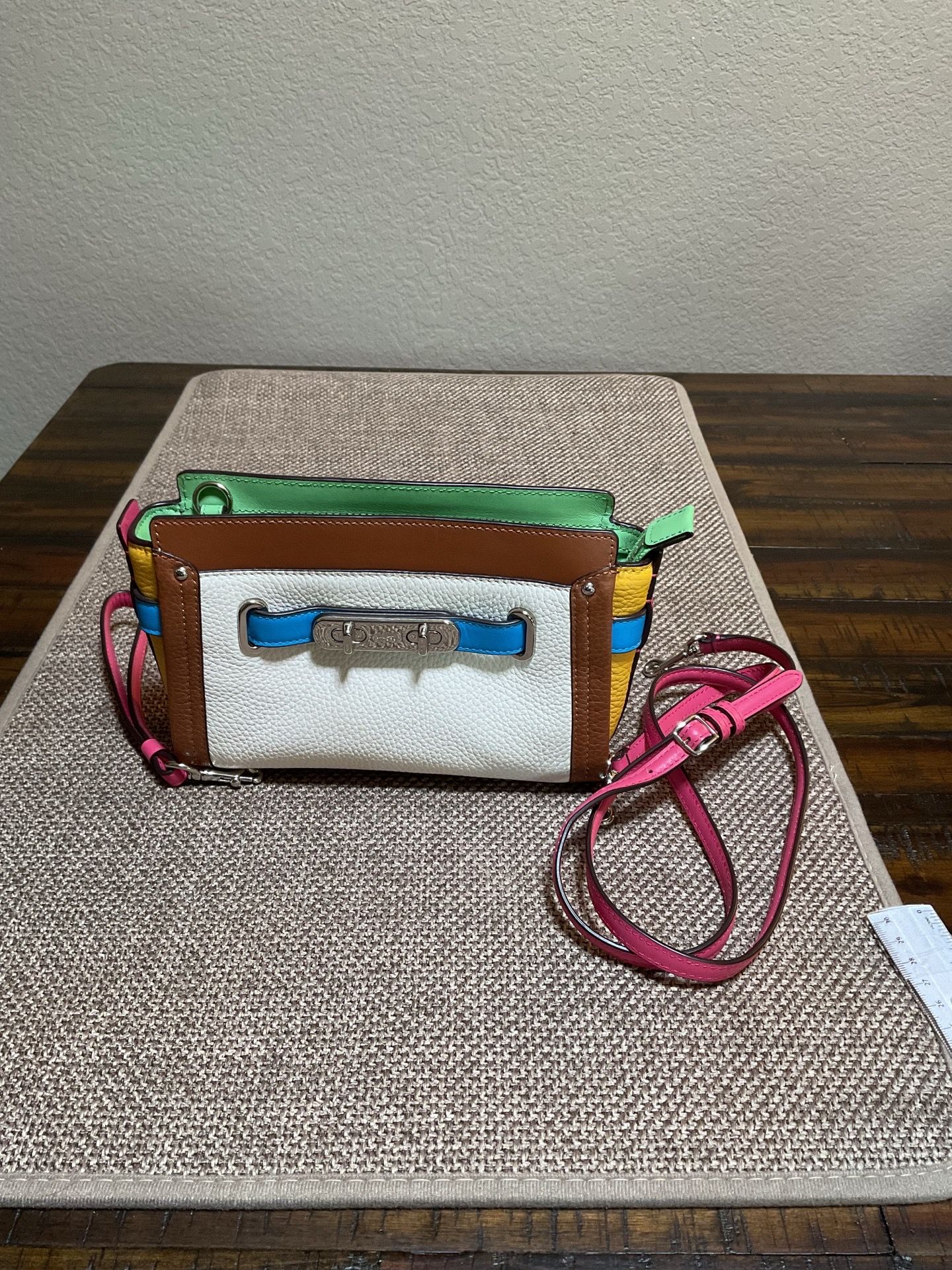 Coach Swagger Wristlet Crossbody — Rainbow Colorblock Pebbled Leather