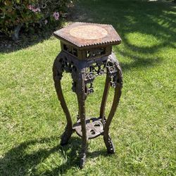 Asian Wood Carved Marble Top In Pentagon Shaped Frame Table 14x31.5 Inches N