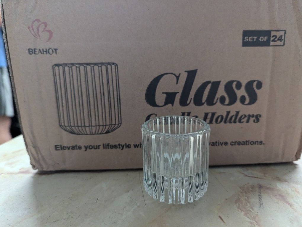 Taper Candle and Tealight Candleholders, Glass, Set of 24