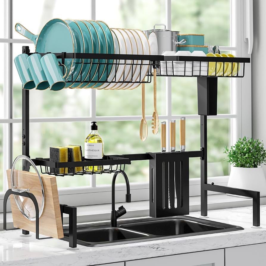 Dish Drying Rack - Large Over The Sink Dish Drainer Drying Rack (26.8" to 33.9" W), Large Capacity Stainless Steel Dish Rack, Multifunctional Kitchen 