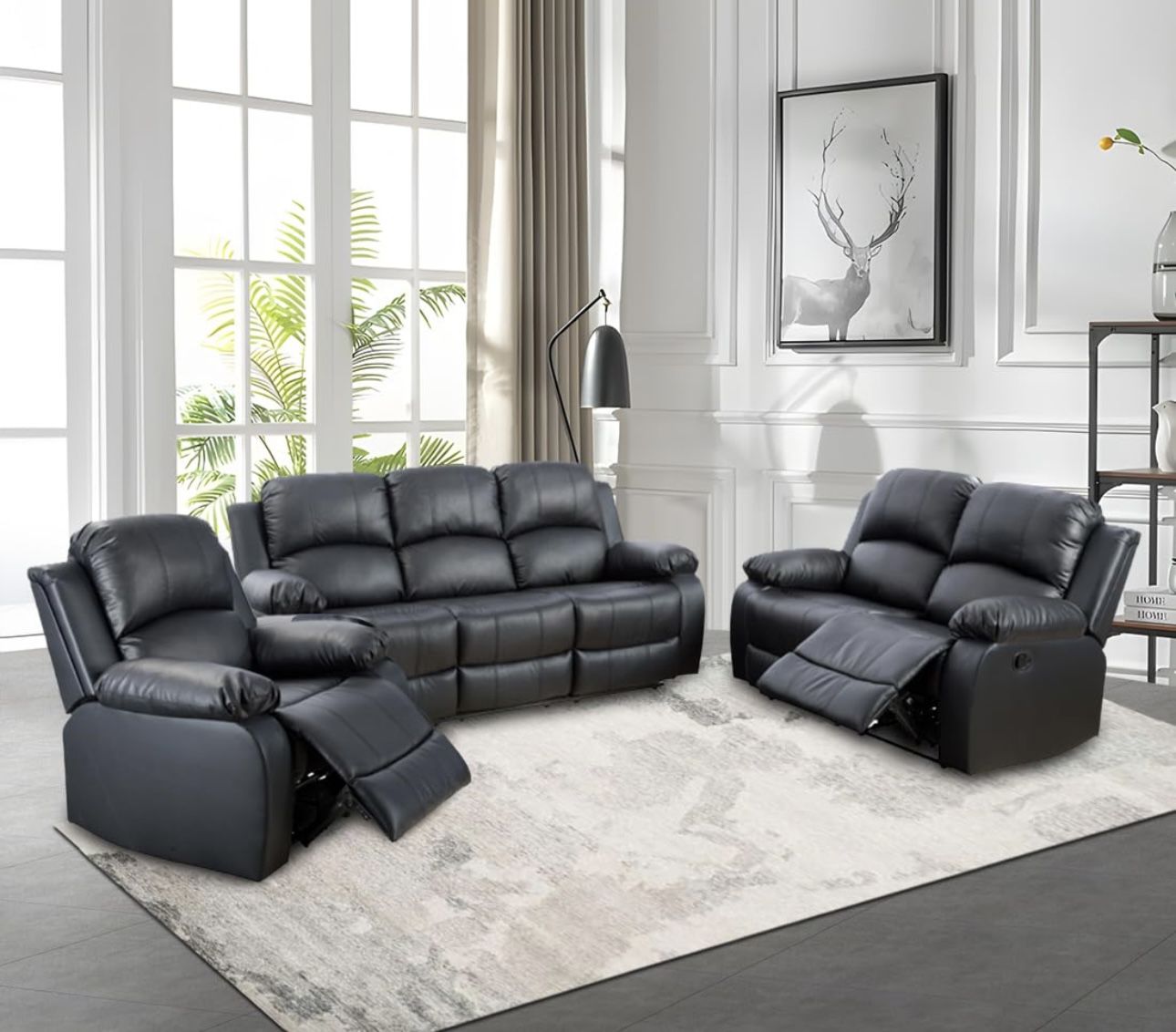 New Black Leather Fully Reclining Three Piece Couch Set