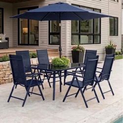 8-Piece Outdoor Patio Dining Set with Tilting Umbrella, Glass Table, & Folding Chairs
