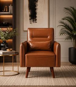 Button Tufted Faux Leather Accent Chair Armchair with Solid Sagwan Wooden Frame