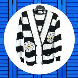 Leslie Fay Vintage Black/White Striped w Daisies Button Cardigan Shoulder Pads Women Small