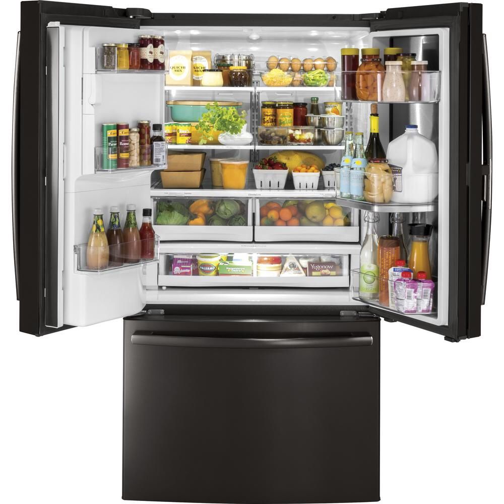 GE 36 in. W 27.8 cu. ft. French Door Refrigerator with Door-in-Door in Black Stainless Steel, Fingerprint Resistant