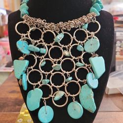 Natural Turquoise Vintage Howlite Agate Statement Necklace Silvertone 18"+3" Extender F8