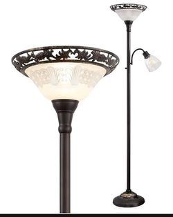 Victorian Torchiere Floor Lamp for Living Room, 70" Lamp with Etched Glass Shade, Metal Pole & Heavy Base, Vintage Standing Lamp 2 Head