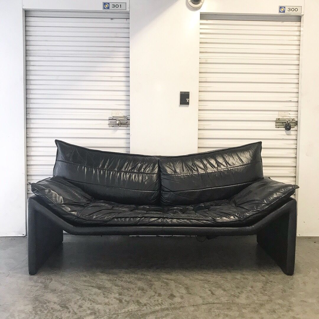Vintage 80s Black Leather Italian Sofa Loveseat