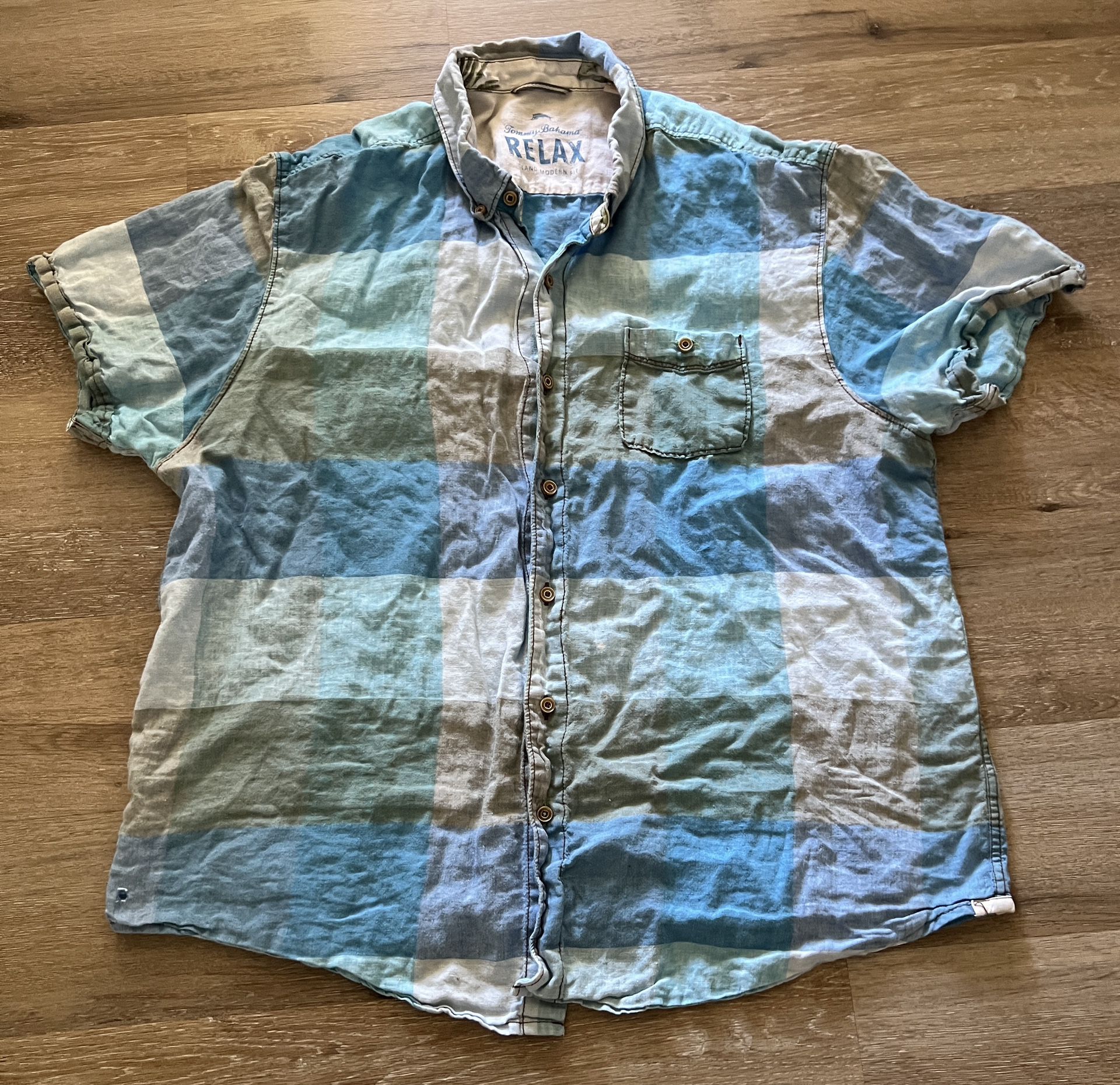 Tommy Bahama Button Down Shirt Men's Size XLX 100% Linen Blue Plaid 