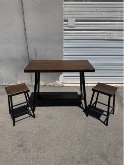 3-piece Bar Height Dining Table and 2 Bar Stools - Wooden Top with Metal Legs - 48 x 24 x 36H
