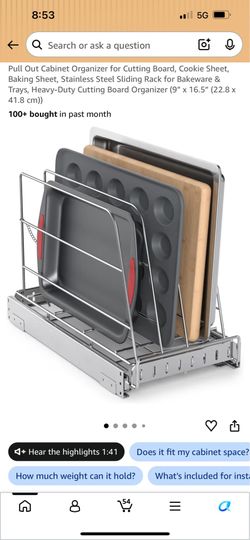 Pull Out Cabinet Organizer for Cutting Board, Cookie Sheet, Baking Sheet, Stainless Steel Sliding Rack for Bakeware & Trays, Heavy-Duty Cutting Board 