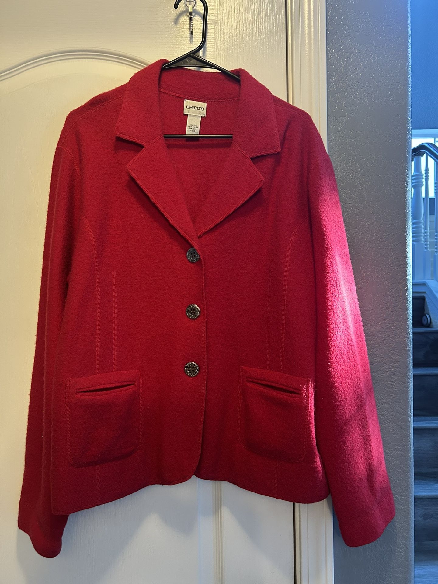 Chico’s Red Boiled Wool Blazer Jacket Size 3 (x-large) Womens