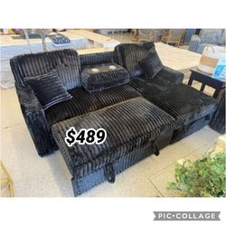 Black jumbo corduroy sectional sleeper sofa with pull out bed 
