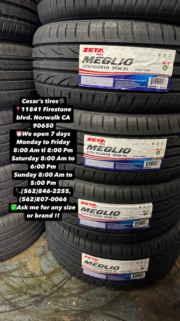 225/45R18 ZETTA A SET OF FOUR NEW TIRES, INCLUDES MOUNTING AND BALANCING WITH WARRANTY, ASK  ME FOR ANY SIZE OR BRAND, WE HAVE THE BEST PRICES!!