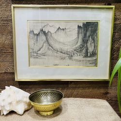 Vintage Art Print Xu Daoning Fishermans Evening Song Nature Scene Black White Mountain Boat Gold 