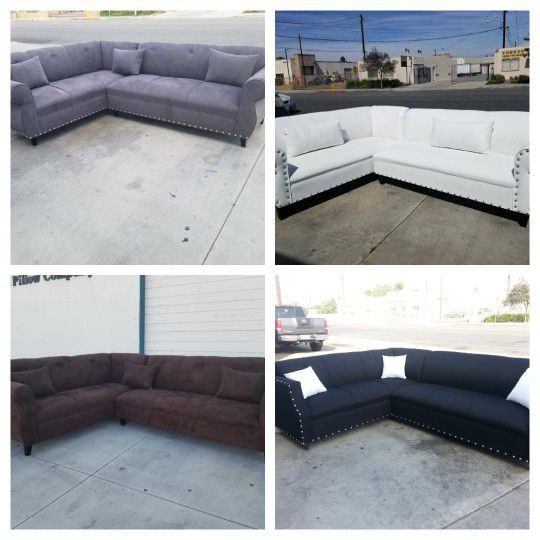 Brand new 7X9FT SECTIONAL COUCHES CHARCOAL  MICROFIBER, BROWN,  BLACK, FABRIC. AND  WHITE LEATHER  COUCHES 