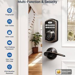 Veise Fingerprint Door Lock with 2 Lever Handles - Keyless Entry Door Lock, Electronic Keypad Deadbolt, Digital Smart Code & Front Handle Sets, Auto-L