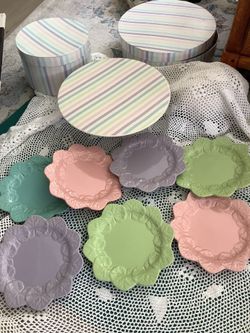 Colorful Ceramic Dessert Set by Temp-tations by Tara with Pedestal stand and 7 leaf patterned plates