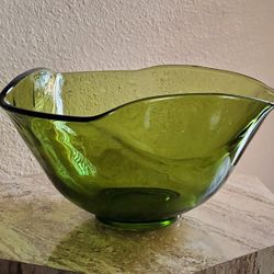 Vintage green  curved glass bowl