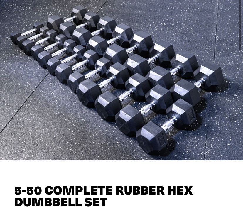 Dumbbells Rubber Hex Set 5-50 1.5$ Per Pound BRAND NEW IN BOX