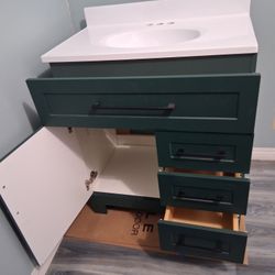 Cauley Viridian Green single-sink bathroom vanity. 