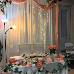 Wedding Decoration, Curtains, Flowers, Tablecloth And LED Light