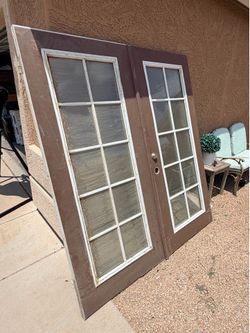 Set (2) Brown Wood French Front Doors with Window Panels - 77.5” x 35” (each door)