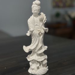 Vintage - Circa Early 1900's - "Blanc de Chine" - White Porcelain Statue - Figure of Goddess - Guanyin Standing on Lotus Flower - Chinese 