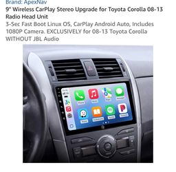 ApexNav 9" Wireless CarPlay Stereo for Toyota Corolla 08-13