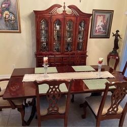 Solid wood Dining Table, server cabinet with hutch and Chairs Set of 6