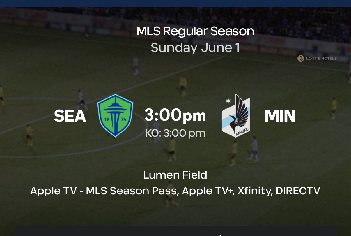 2 Tix Sounders Sun Jun 1 3PM, SEAvMIN, Section 132